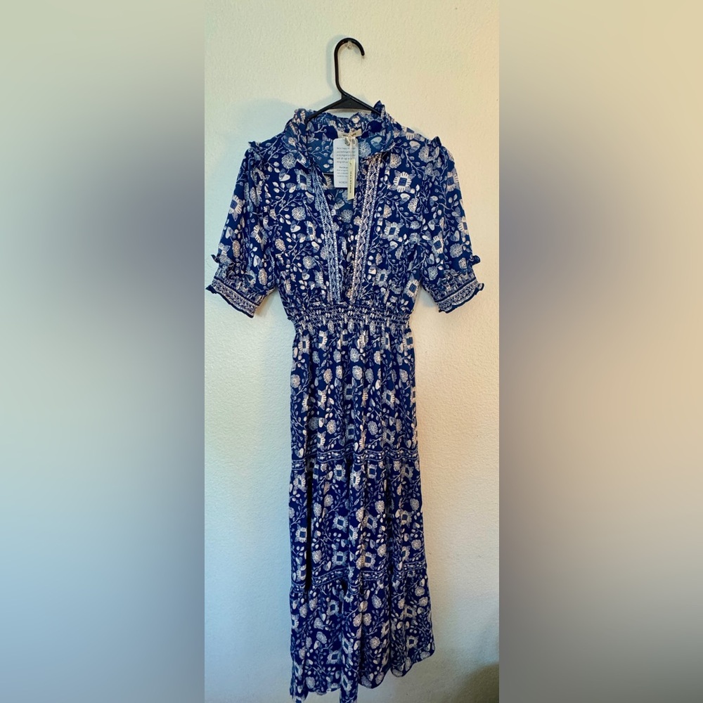 Max Studio Blue and White Smocked Midi Sundress